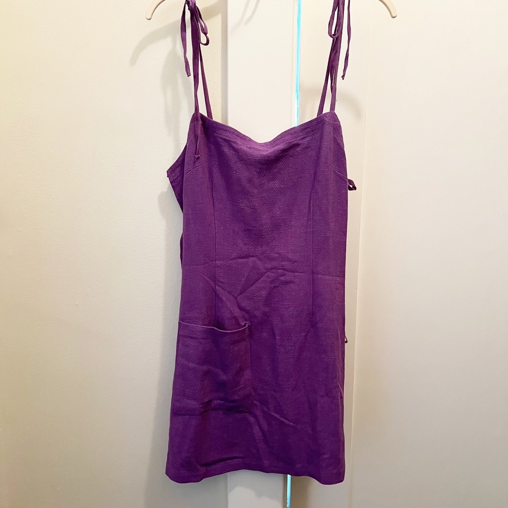 Fashion Brand Company Purple Side Tie Linen‎ Mini Dress Medium Front Pocket